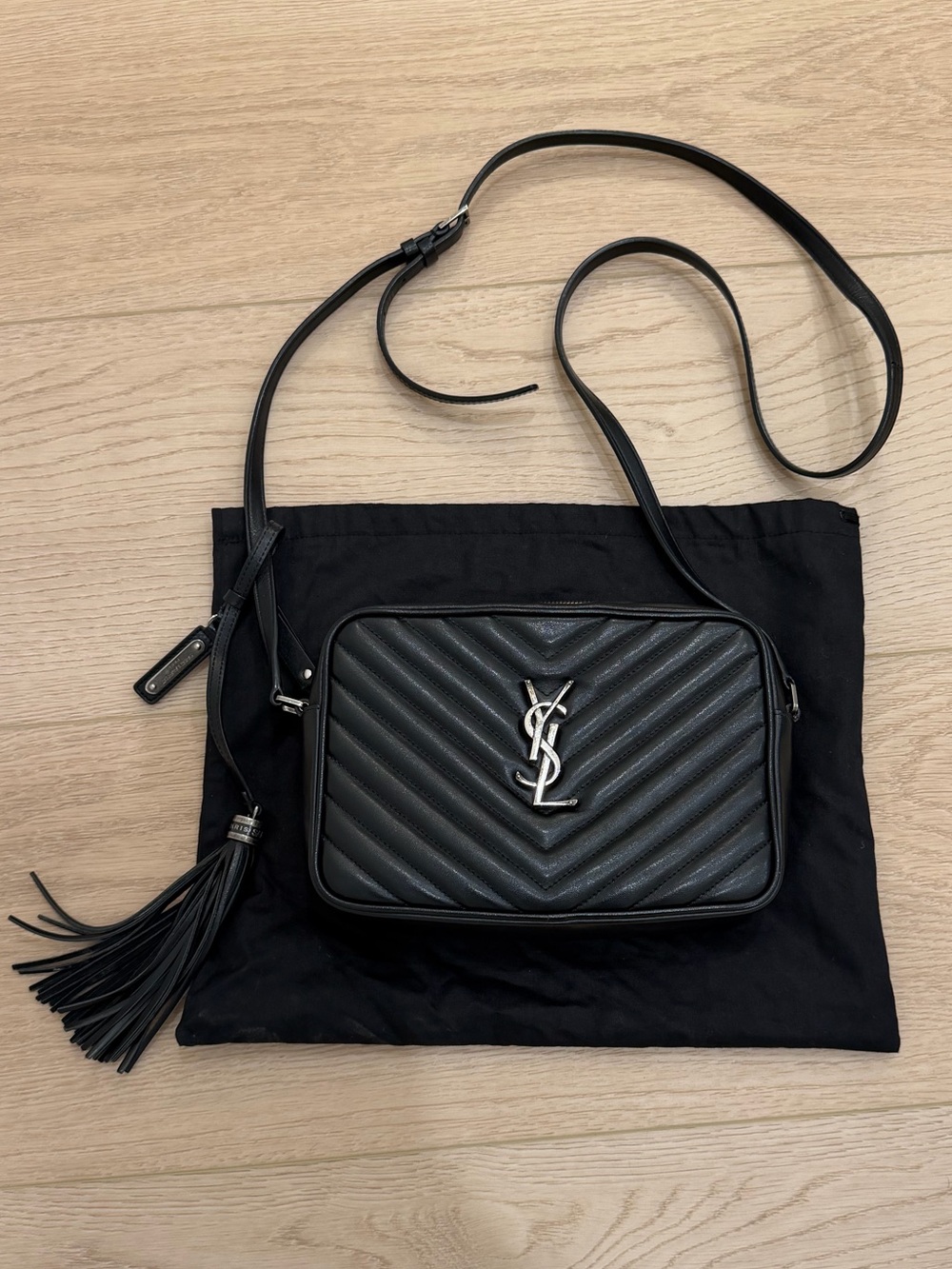 YSL Saint Laurent Black Quilted Leather Camera Crossbody with Tassel